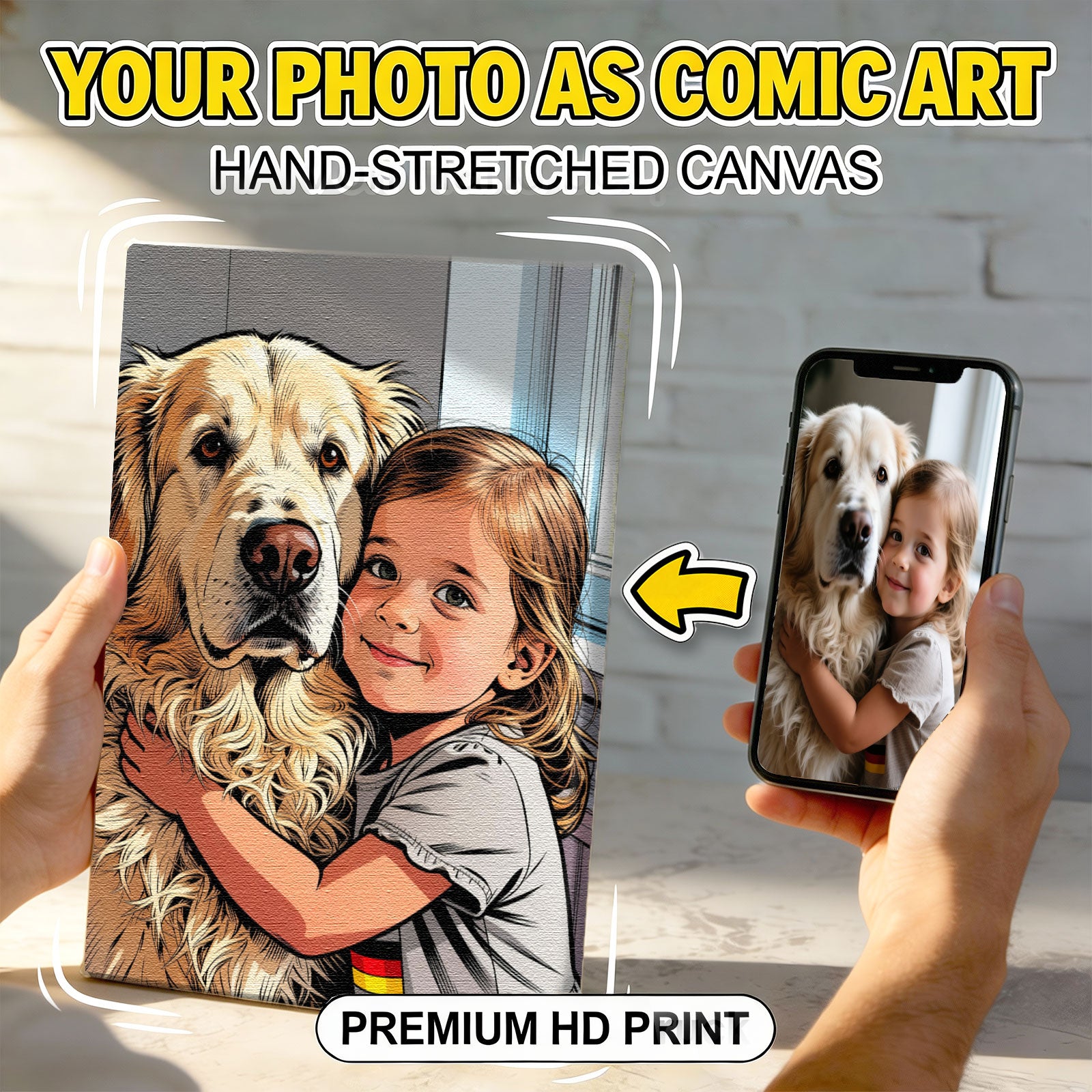 Custom Child &amp; Pet Comic Portrait - Personalized Photo to Canvas Wall Art - Premium Hand-Stretched Decor 