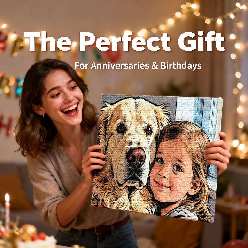 Custom Child &amp; Pet Comic Portrait - Personalized Photo to Canvas Wall Art - Premium Hand-Stretched Decor 