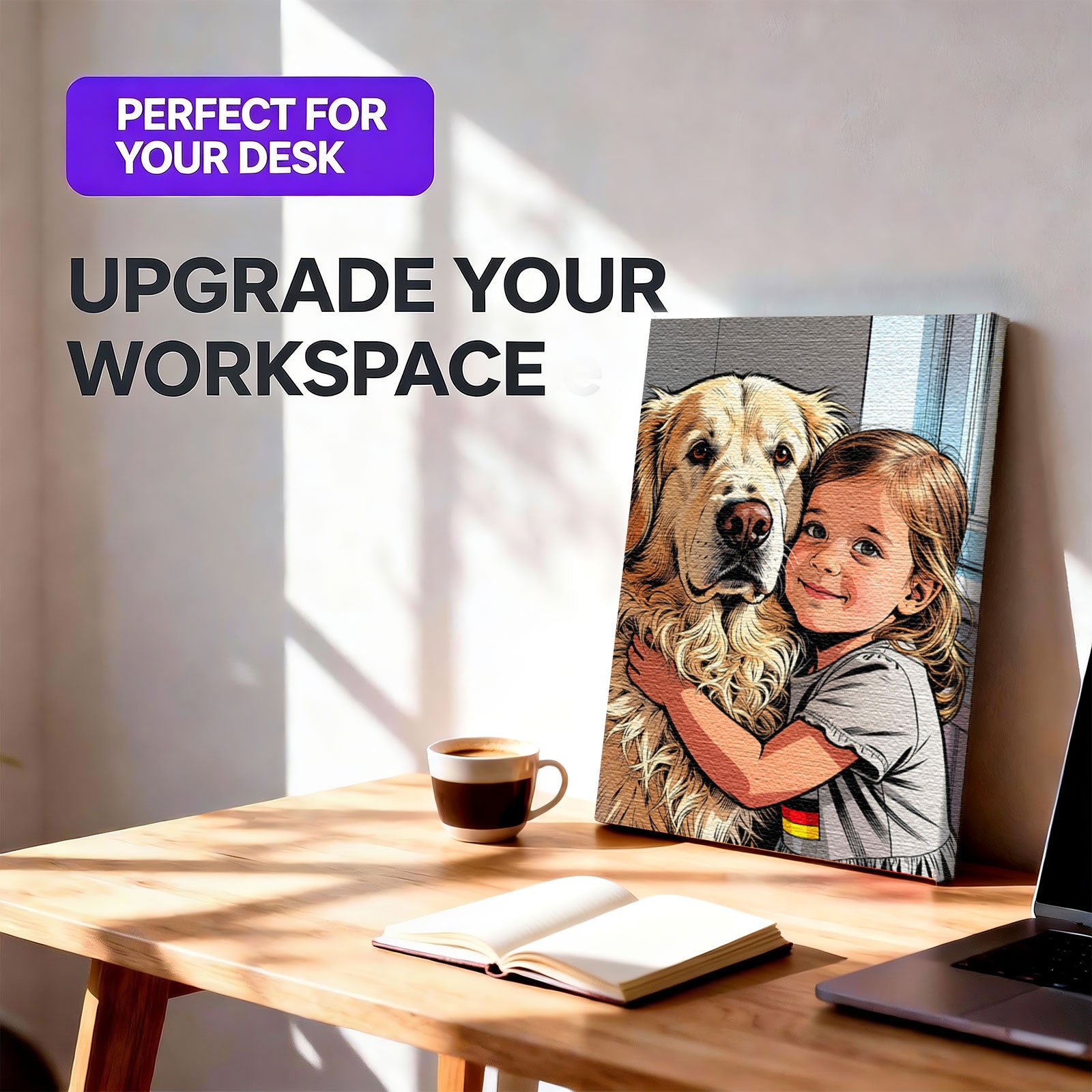 Custom Child &amp; Pet Comic Portrait - Personalized Photo to Canvas Wall Art - Premium Hand-Stretched Decor 