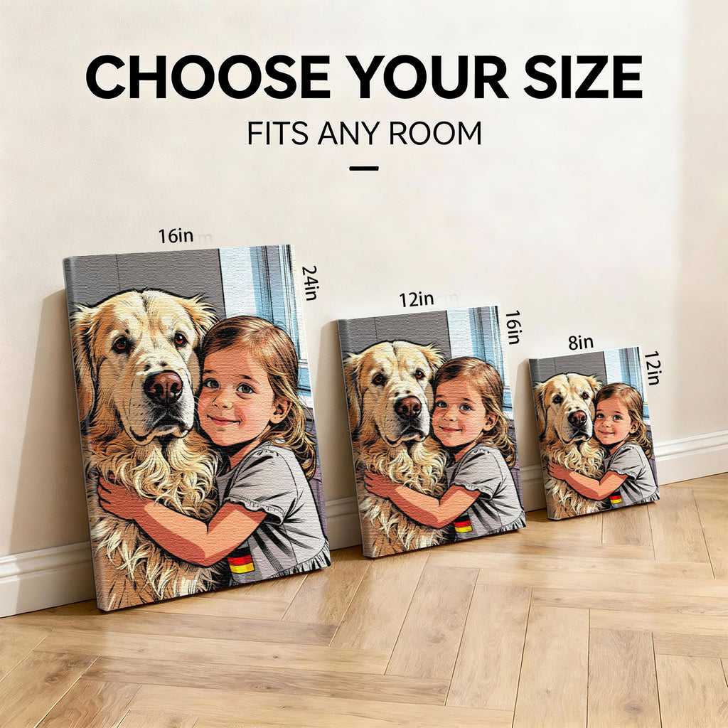 Custom Child &amp; Pet Comic Portrait - Personalized Photo to Canvas Wall Art - Premium Hand-Stretched Decor 