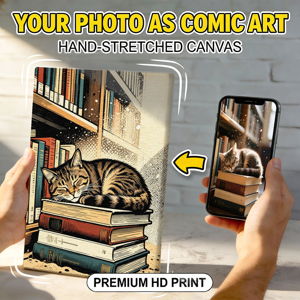 Custom Cat Comic Book Style Portrait - Personalized Sleeping Pet Photo on Canvas - Unique Feline Wall Decor 