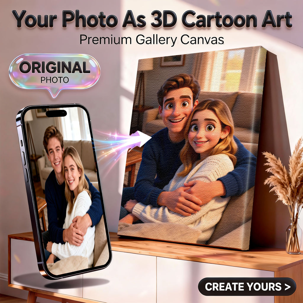 Custom 3D Cartoon Couple Portrait - Personalized Pixar-Style Gallery Canvas from Your Photo 