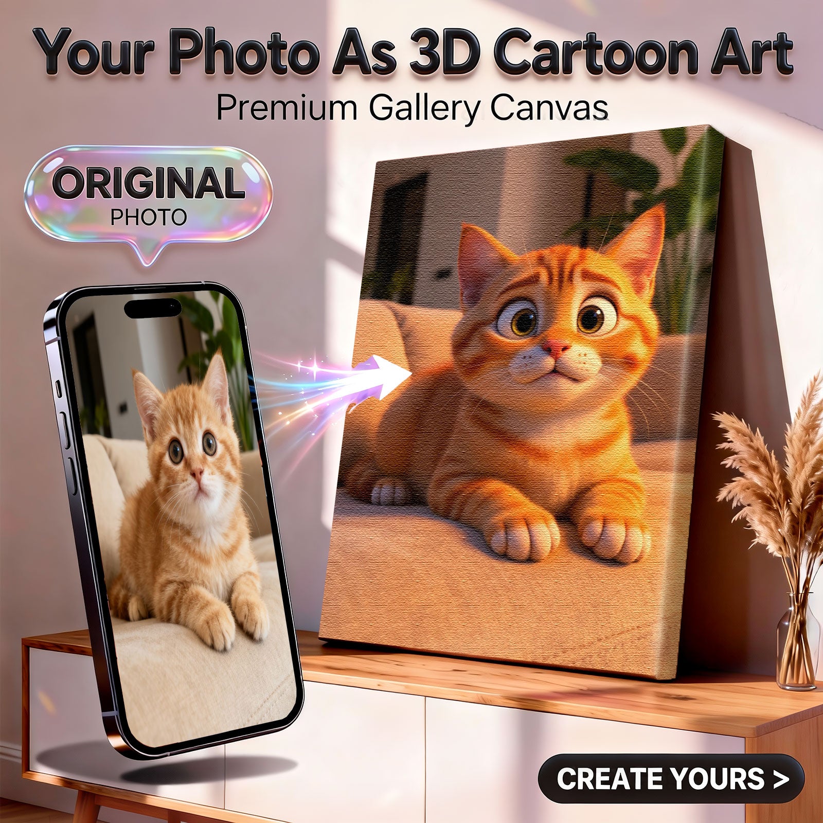 Personalized 3D Cartoon Cat Art - Custom Vibrant Pet Portrait Gallery Canvas for Cat Lovers 