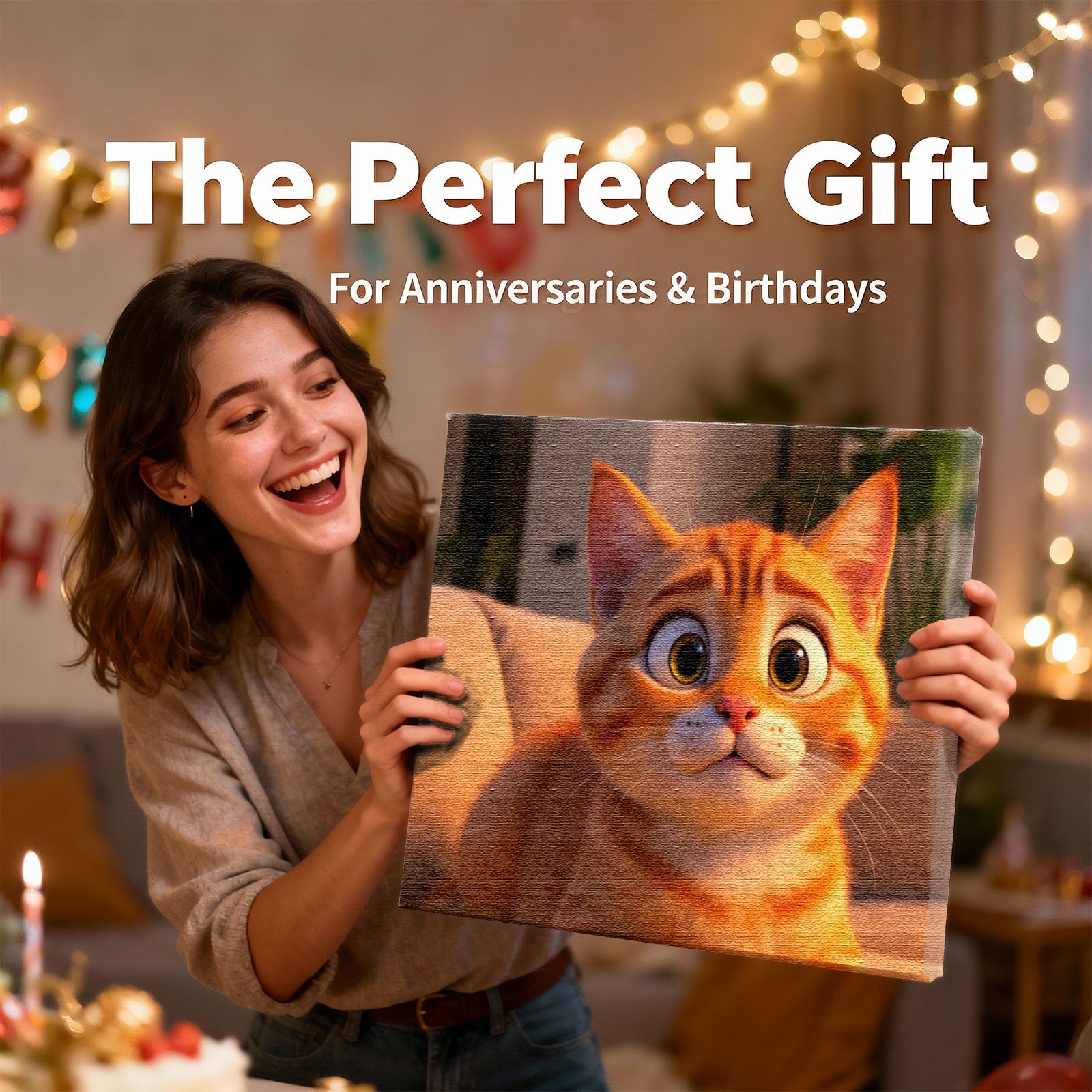Personalized 3D Cartoon Cat Art - Custom Vibrant Pet Portrait Gallery Canvas for Cat Lovers 