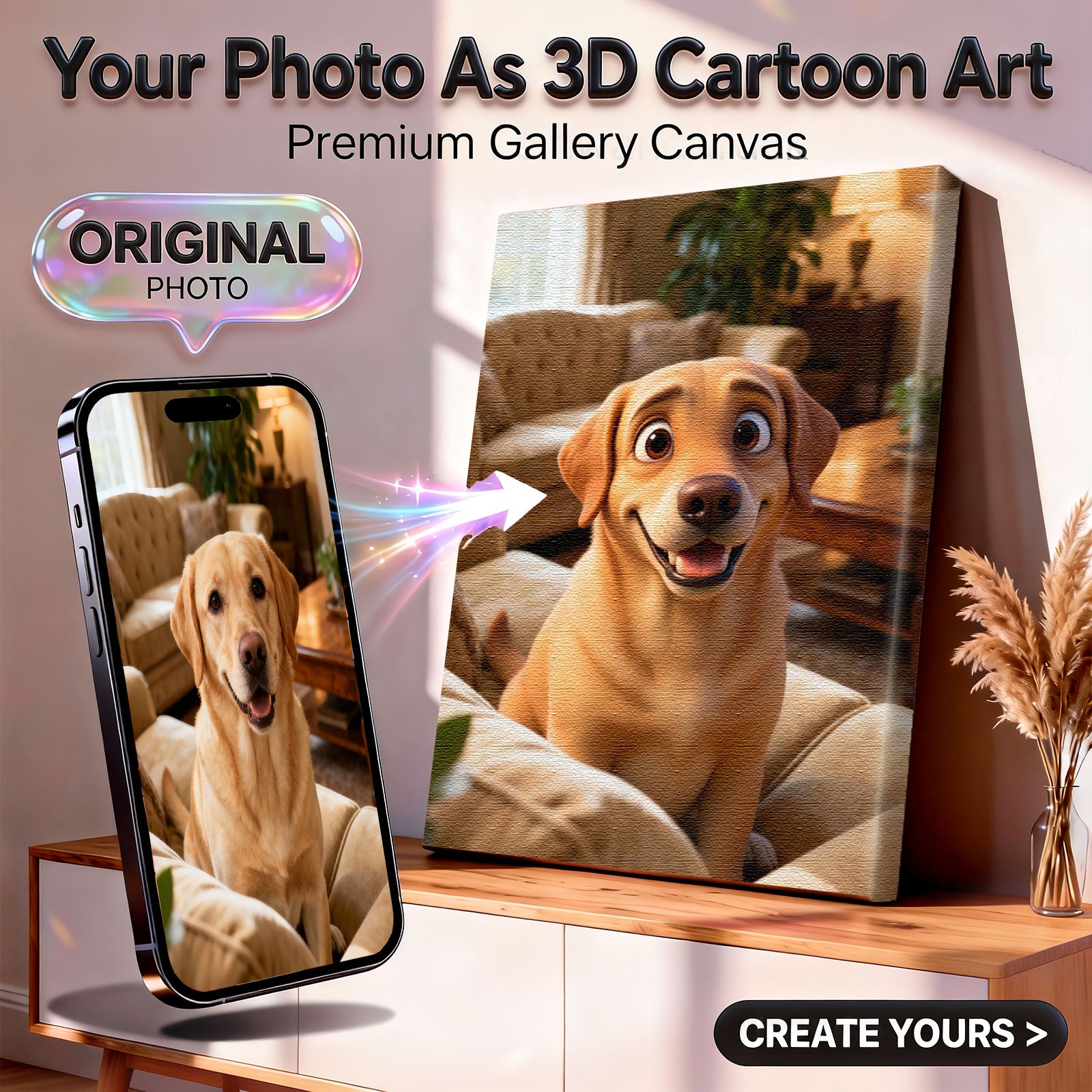 Custom 3D Cartoon Dog Portrait - Personalized Pixar-Style Pet Art Premium Gallery Canvas 